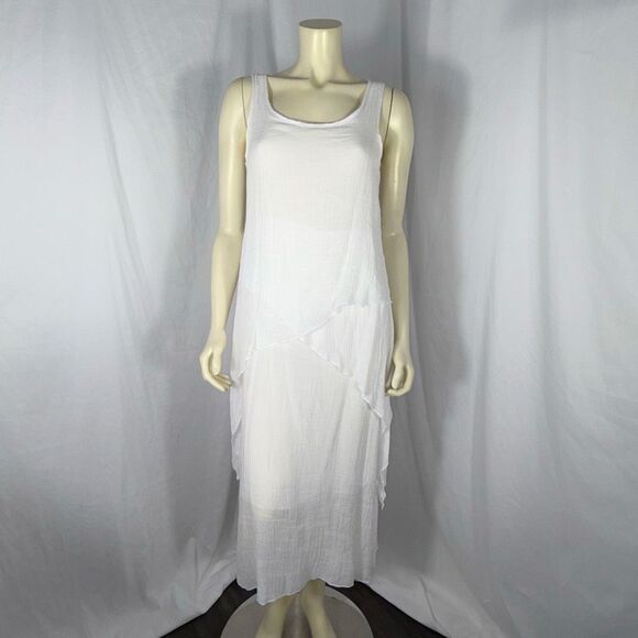 Exist White Crinkle Gauze Maxi Dress | Romantic Boho Layered Asymmetrical Beach - Picture 4 of 16